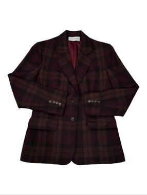 Evan Picone~Womens VTG 70s~Union Made Blazer Sportcoat~Burgundy Plaid~Wool~SM
